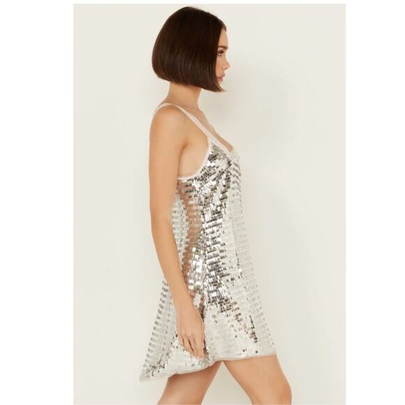 Free People Dress Womens XS Silver Disco Fever Mini Slip Sequin Sheer Party - Picture 1 of 9